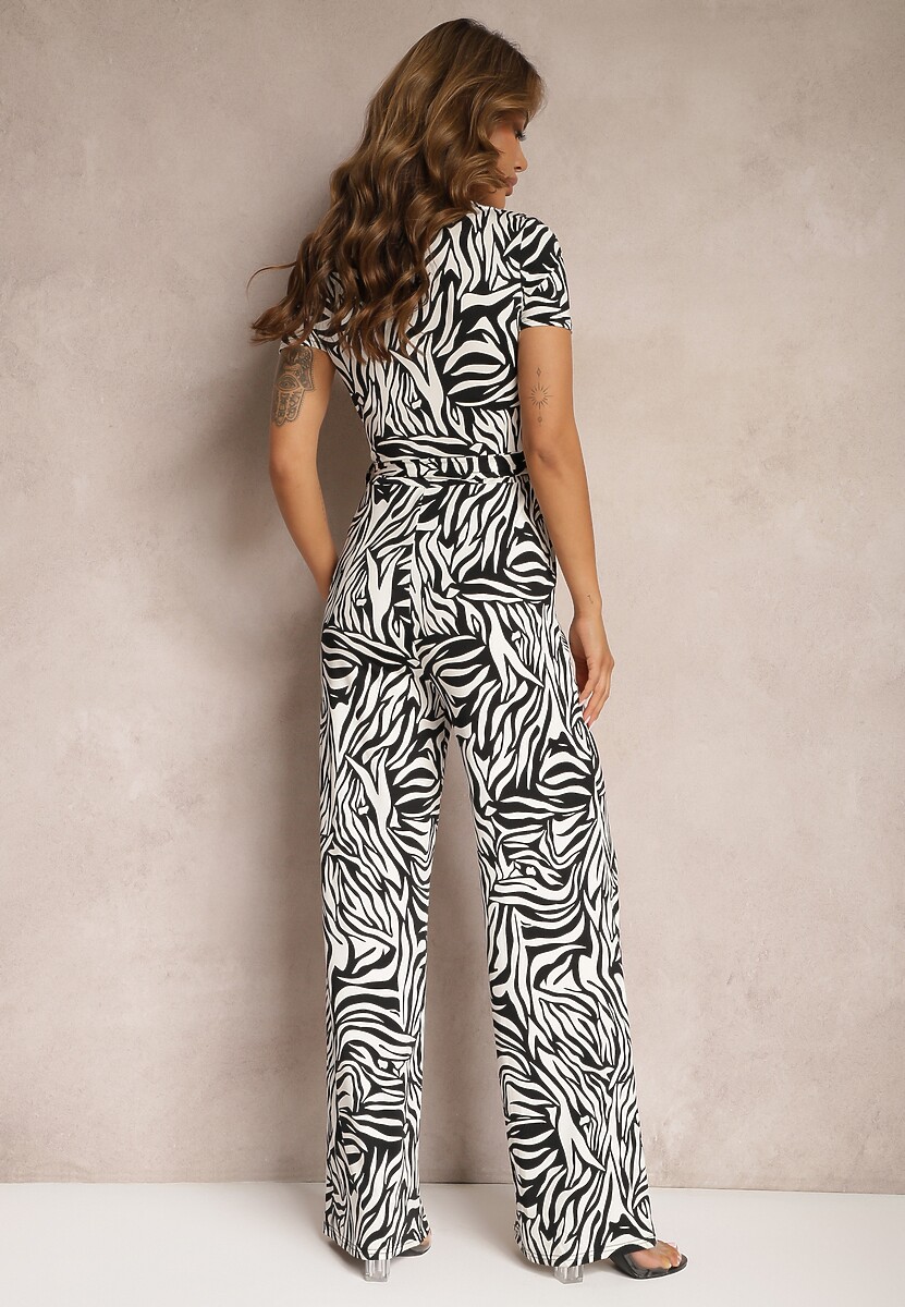 Czarno-Biały Kopertowy Kombinezon Taliowany z Szerokimi Nogawkami Talamla