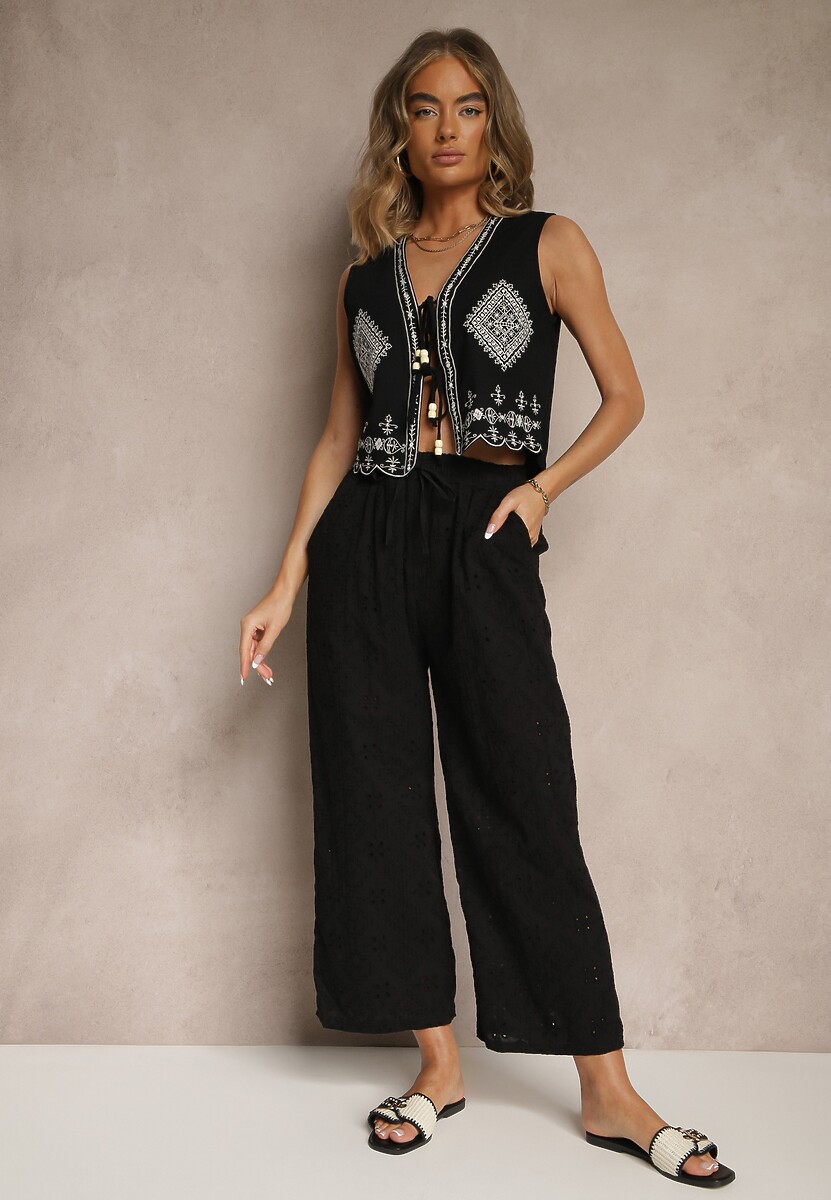 Czarne Spodnie High Waist z Bawełnianej Tkaniny Zdobionej Haftem Mevirona