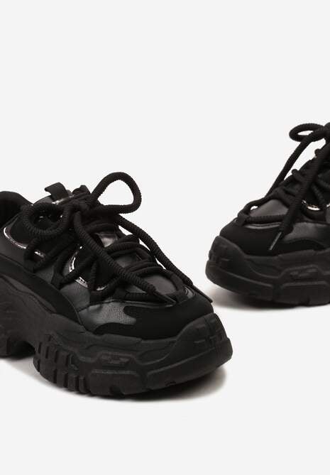 Czarne Sneakersy z Grubymi Sznurówkami na Niskiej Platformie Lasandre