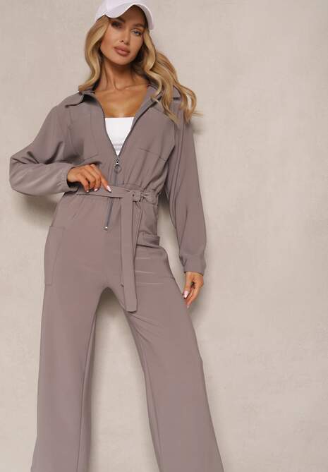 Szary Kombinezon z Elastyczną Gumką w Pasie z Dodatkowym Wiązaniem o Luźnym Kroju Creera