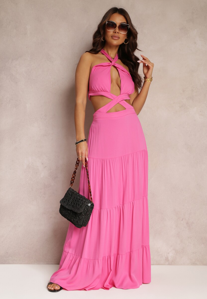 Fuksjowa Rozkloszowana Sukienka z Wiskozy z Wiązaniem i Wycięciami Kailen