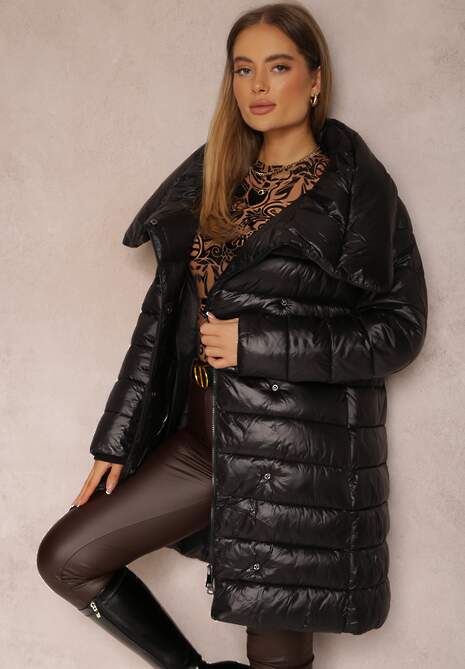 Czarna Kurtka z Szerokim Kołnierzem i Wiązanym Paskiem Proswetel