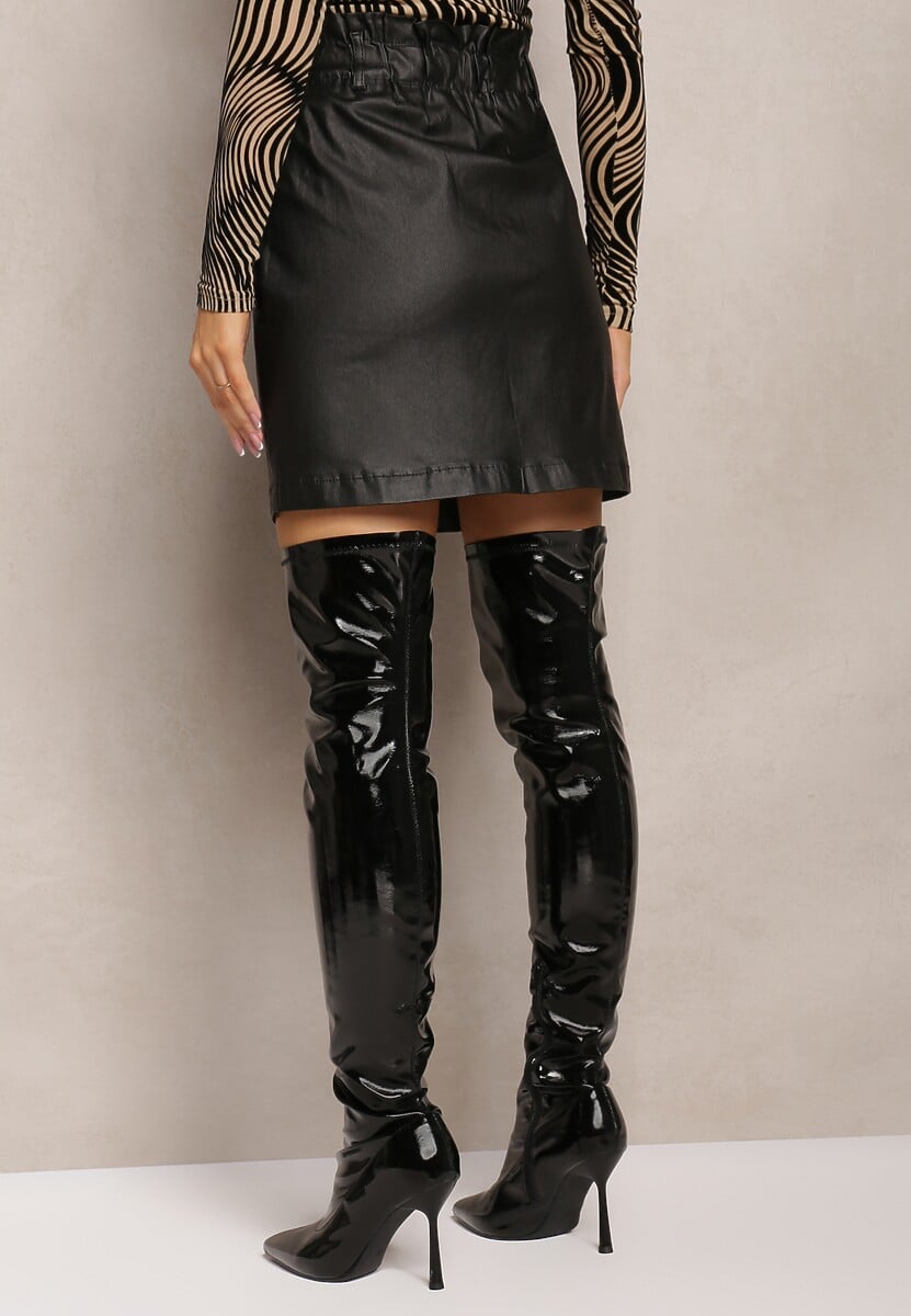 Czarna Spódnica z Ekoskóry z Ozdobnie Marszczoną Talią Selja