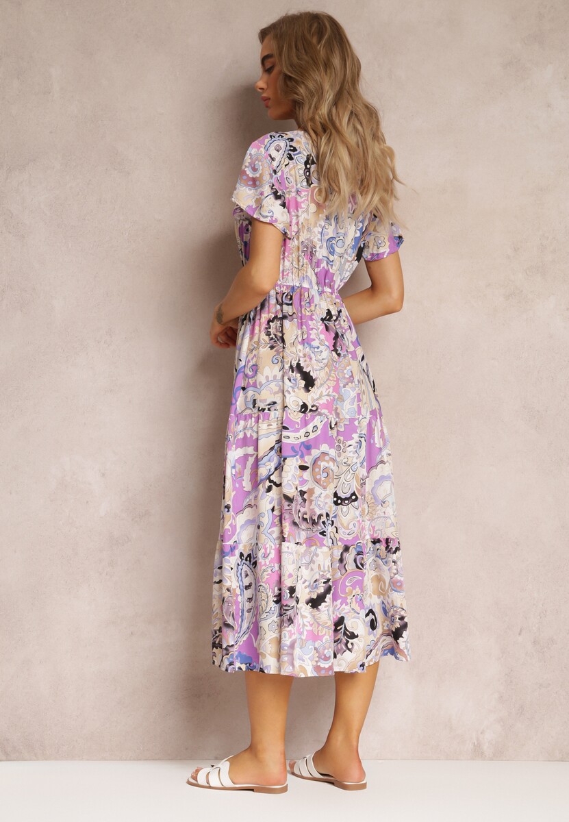 Fioletowa Rozkloszowana Sukienka Midi z Krótkimi Rękawami z Wiskozy Furri