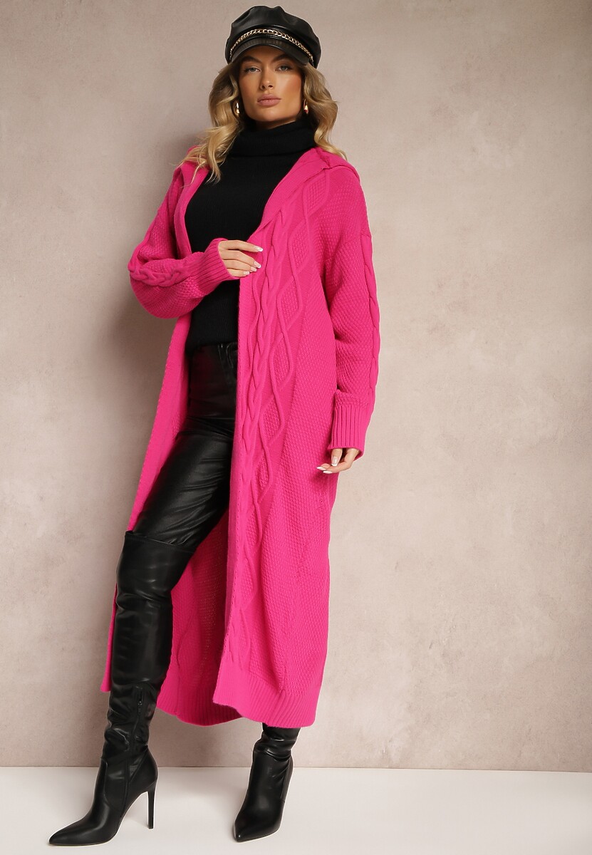 Fuksjowy Długi Kardigan z Kapturem i Wzorzystym Tłoczeniem Bez Zapięć Zintriya