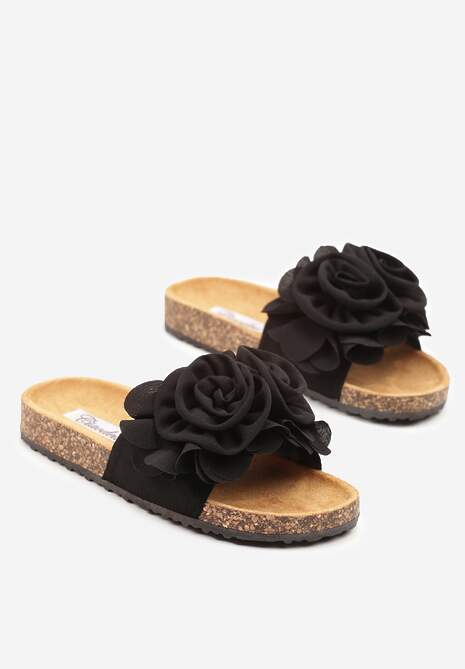 Czarne Klapki na Platformie z Korka Ozdobione Kwiatami 3D Meralira