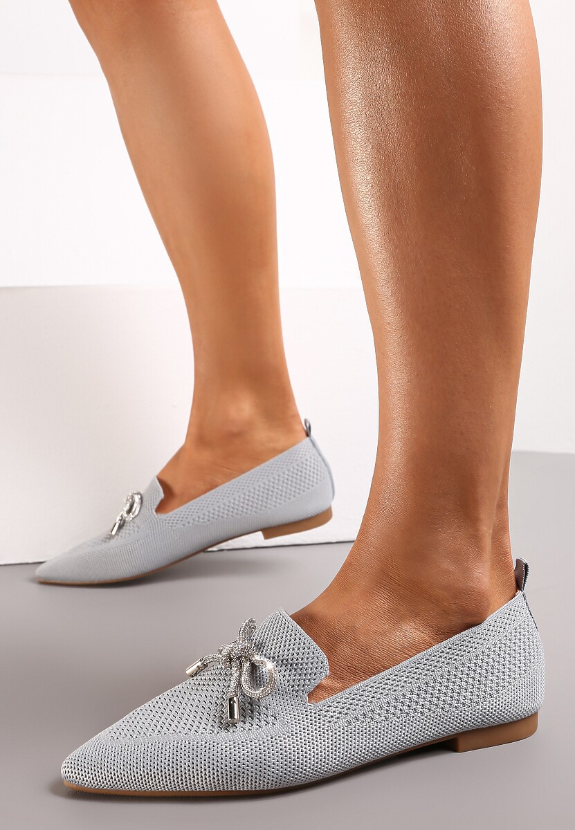 Szare Balerinki na Płaskiej Podeszwie z Kokardką z Cyrkonii Preslia