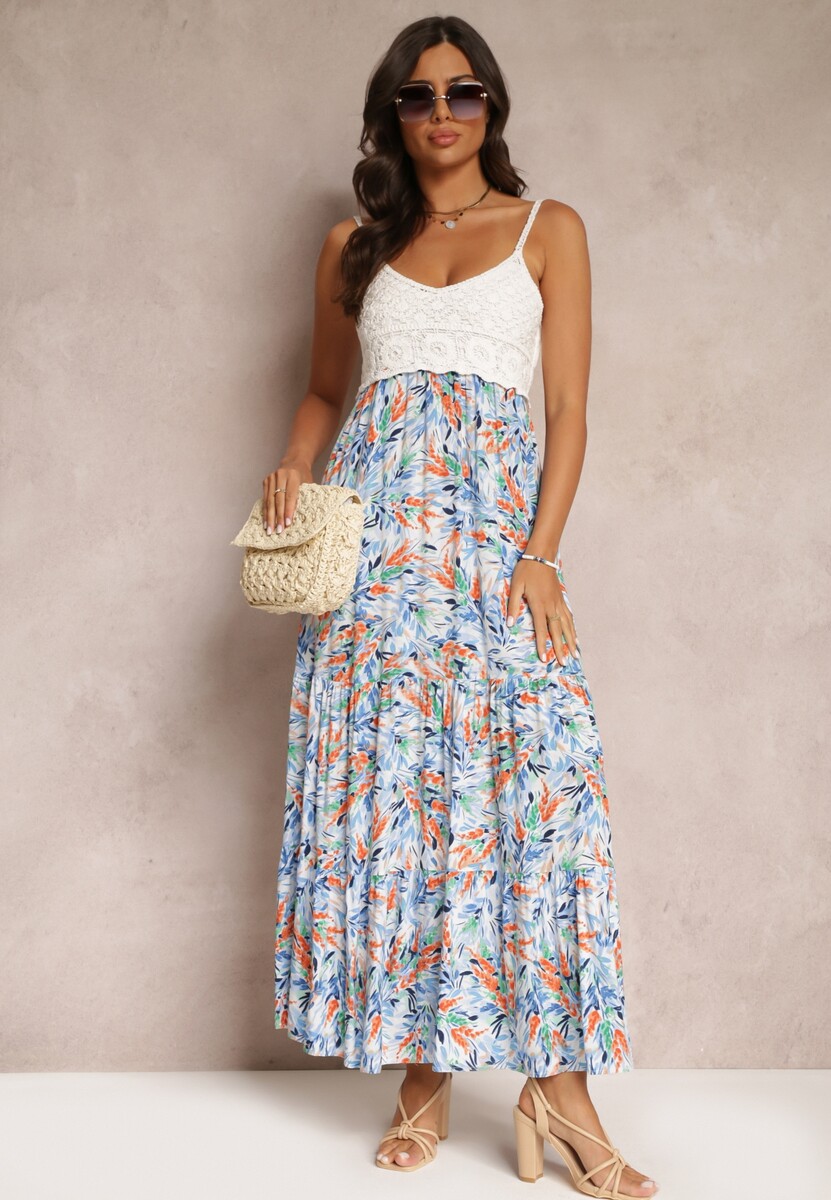 Niebieska Kwiecista Sukienka Maxi z Szydełkową Górą i Cienkimi Ramiączkami z Wiskozy Zanidora