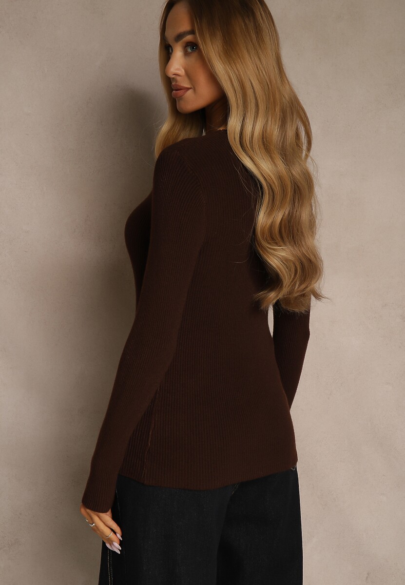 Brązowy Sweter o Klasycznym Fasonie w Drobne Prążki Vorida