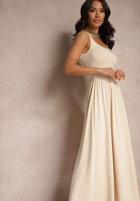 Jasnobeżowa Rozkloszowana Sukienka z Wiskozą i Kwadratowym Dekoltem Ravvia