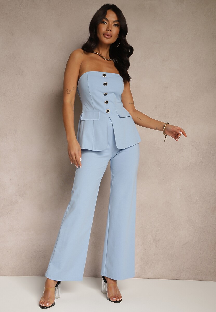 Biały Komplet Top Bandeau Zdobiony Guzikami i Spodnie o Szerokim Kroju Palarienna