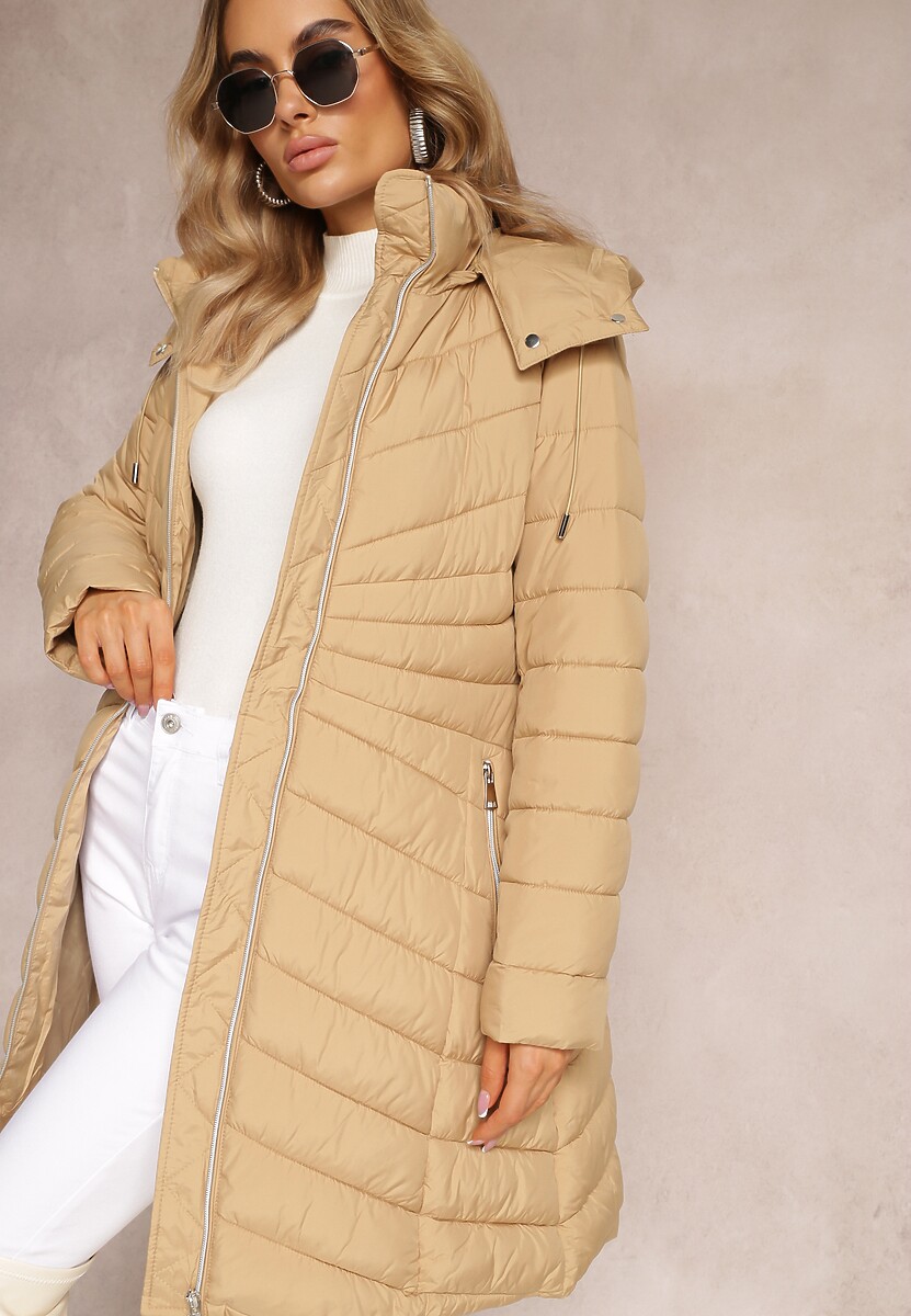 Beżowa Pikowana Kurtka o Długim Fasonie z Odpinanym Kapturem Dakana