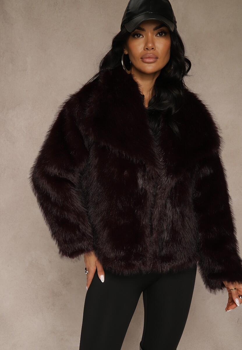 Bordowa Kurtka Futrzana Ozdobiona Kołnierzem Avelire