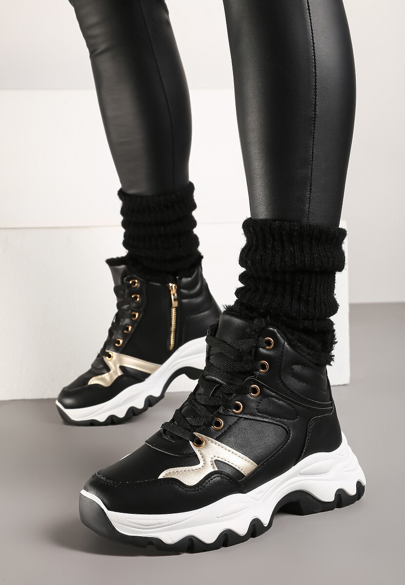 Czarne Sznurowane Sneakersy na Płaskiej Podeszwie za Kostkę z Aplikacjami Misiów Temisza