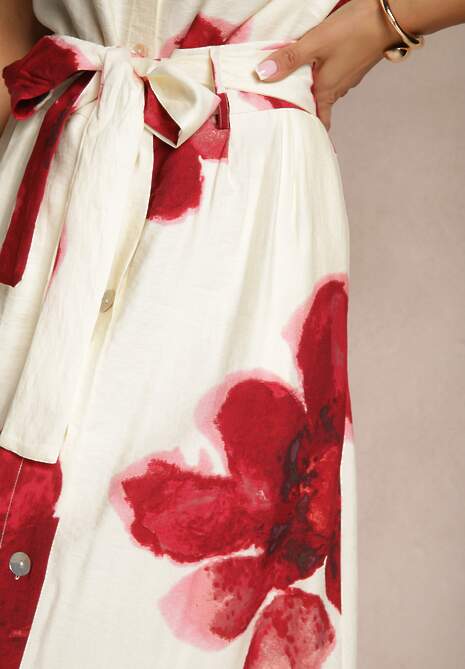 Czerwona Wiskozowa Kwiatowa Spódnica High Waist z Ozdobnym Paskiem i Guzikami Helseli