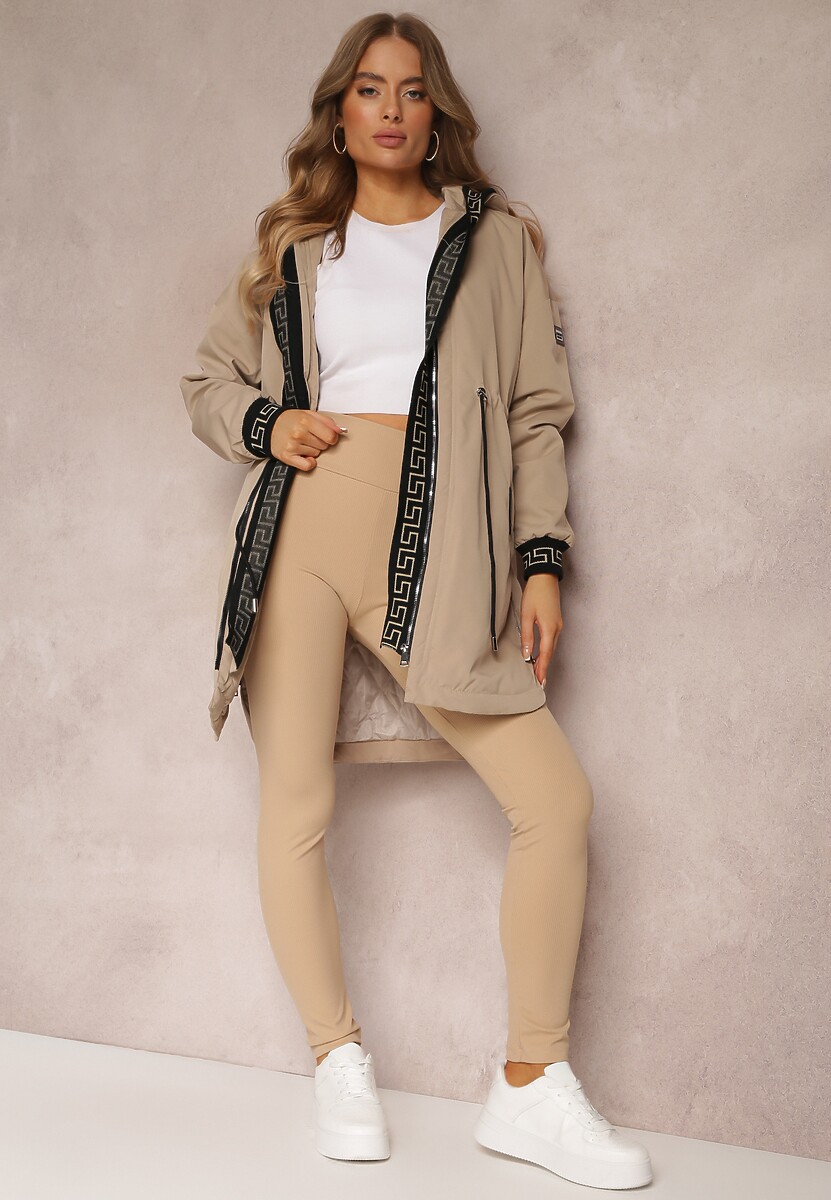 Ciemnobeżowa Kurtka Parka z Geometrycznym Wzorem na Kapturze i Rękawach Lidya