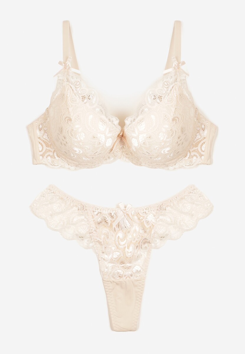 Jasnobeżowy Komplet Bielizny z Koronką i Kokardkami Biustonosz i Stringi Nasorinne