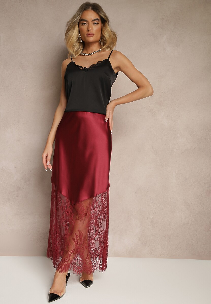 Bordowa Koktajlowa Spódnica z Satyny z Koronką Avelori