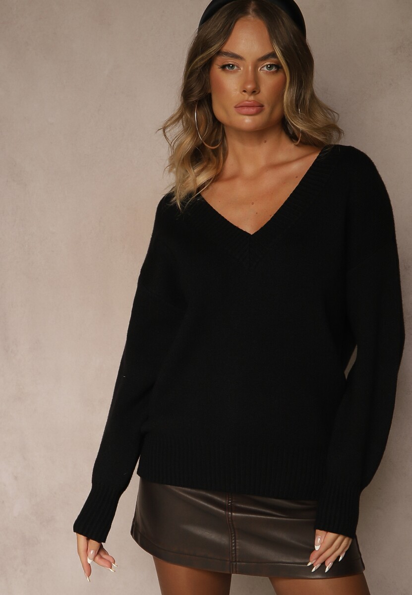 Beżowy Sweter z Kaszmirem i Trójkątnym Dekoltem Plenne