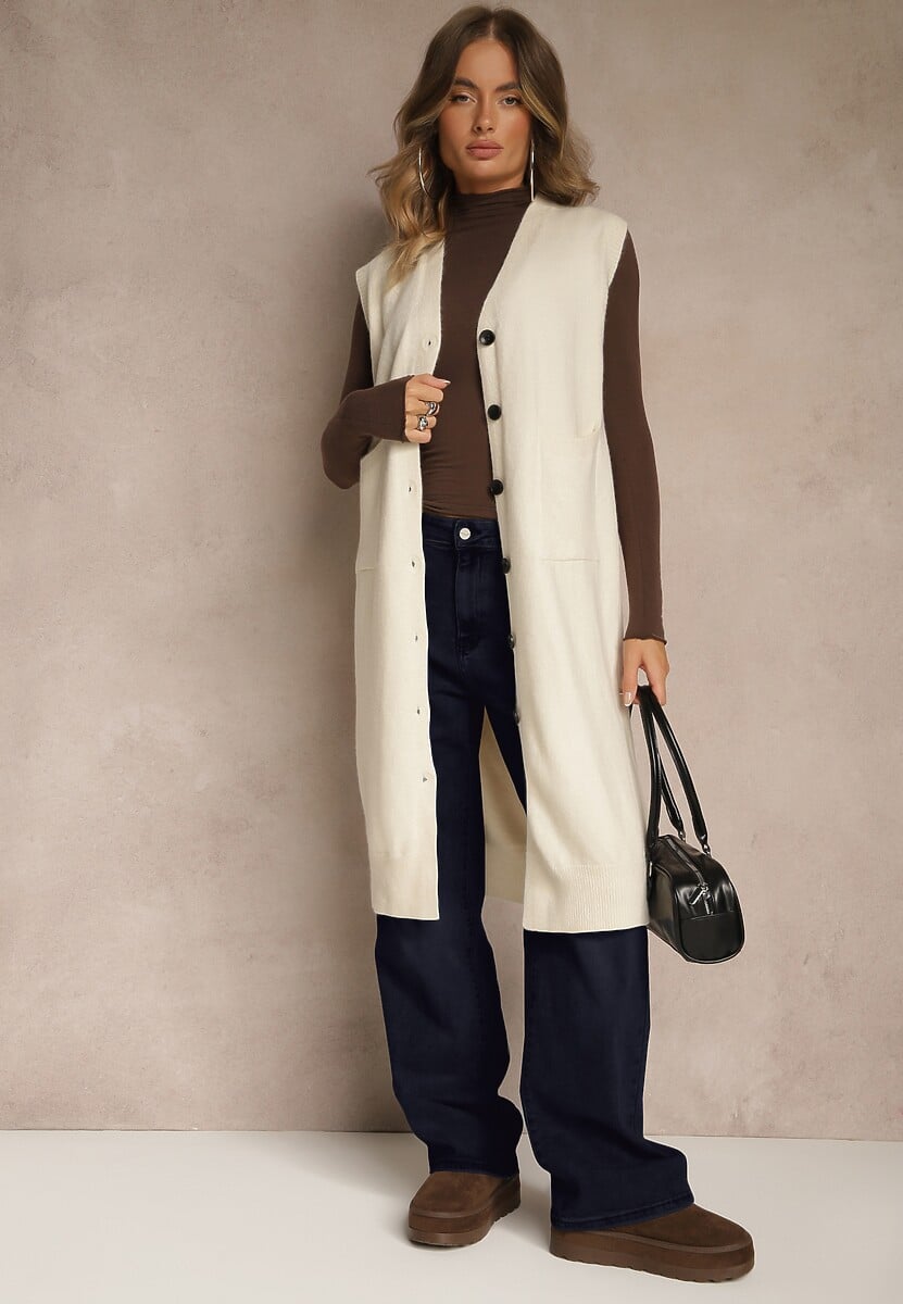 Jasnobeżowa Długa Kamizelka z Dzianiny z Wełną i Guzikami Issarae