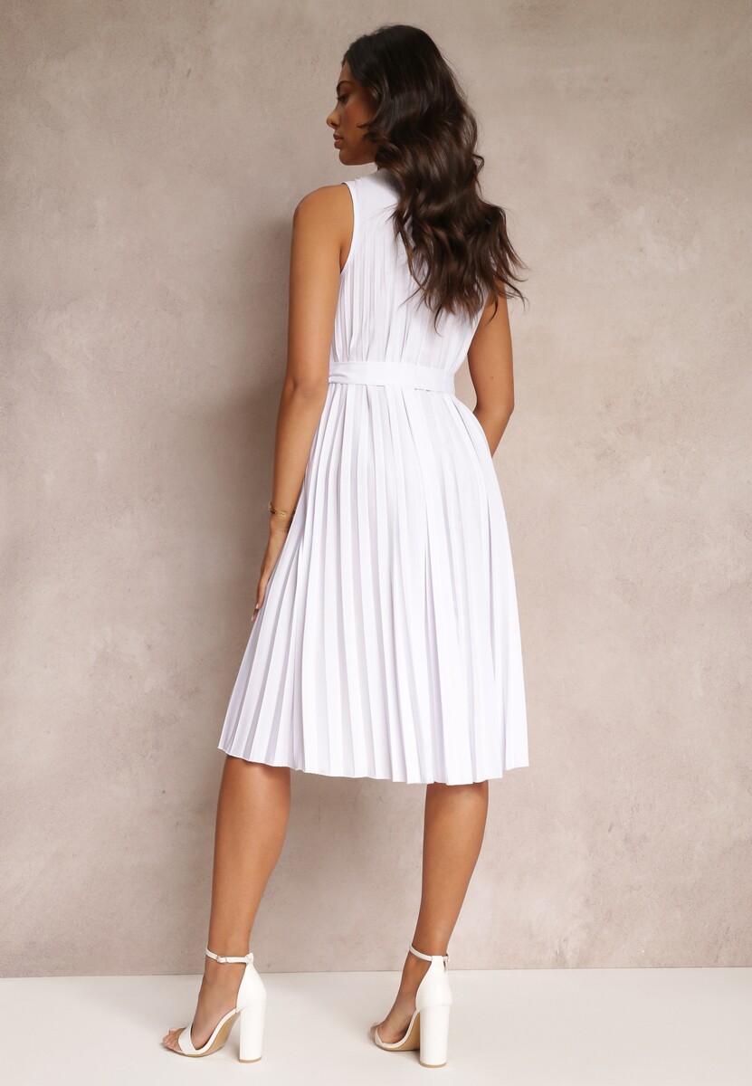 Biała Sukienka Midi z Plisowanej Tkaniny z Materiałowym Paskiem Eudoxia