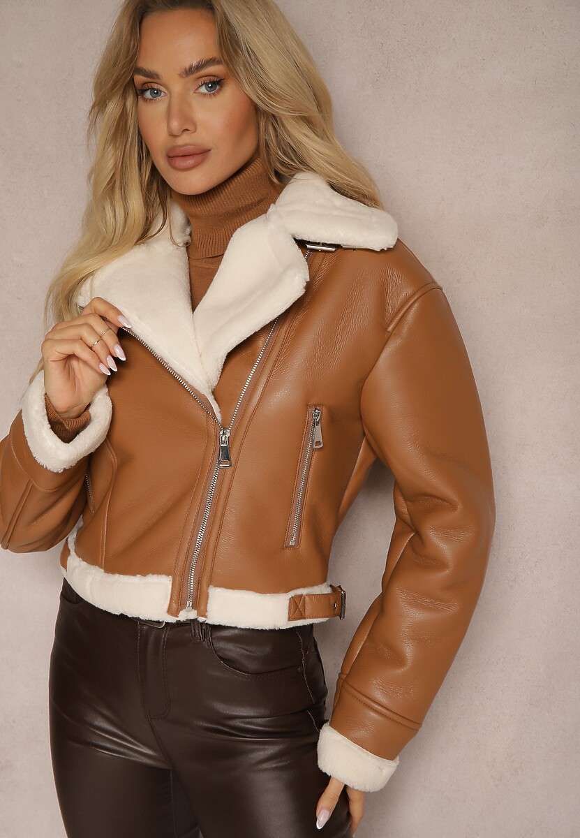 Brązowa Krótka Kurtka Biker z Futerkowym Obszyciem i Klamerkami Laorissa