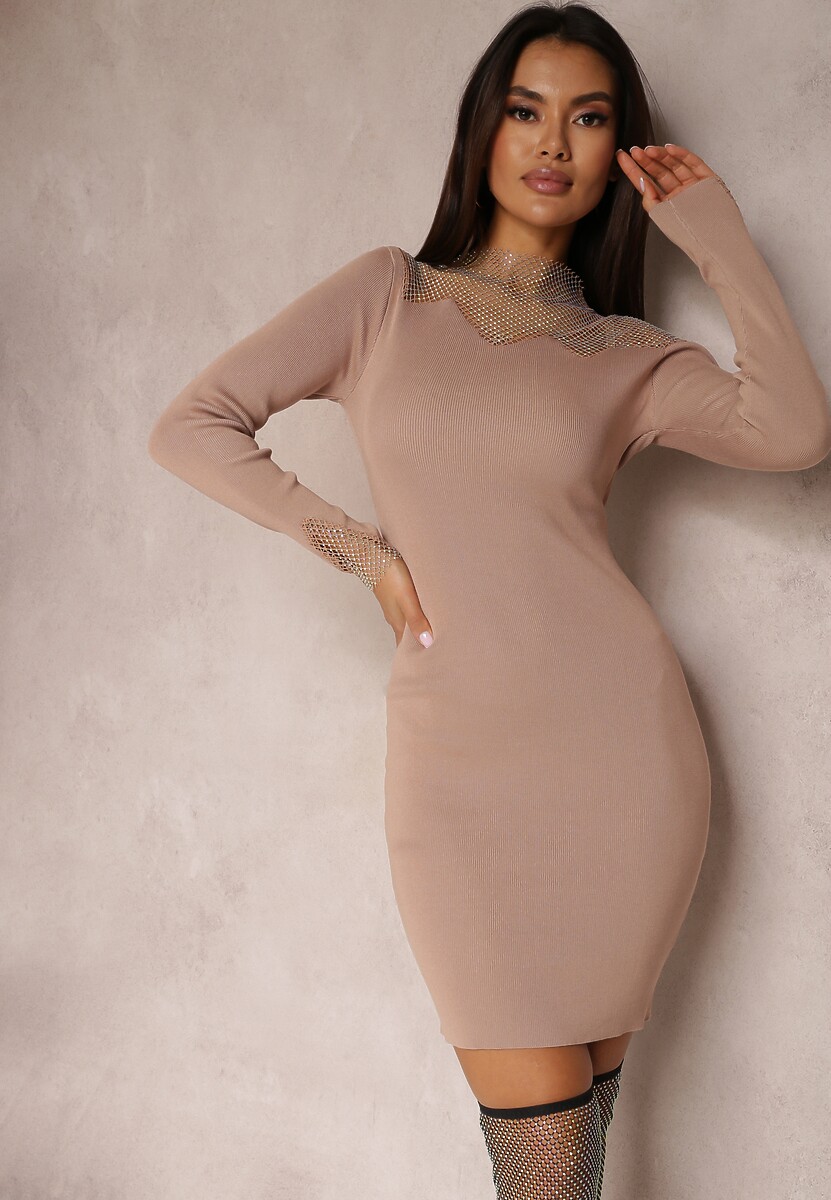 Beżowa Sukienka Dopasowana z Siateczką przy Dekolcie Yule