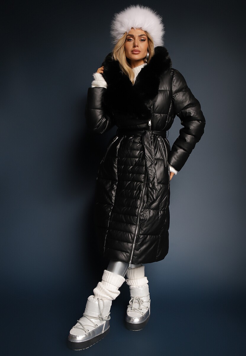 Czarna Kurtka Pikowana Długa Płaszcz z Imitacji Skóry z Futerkiem Flechie