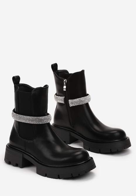 Czarne Botki Ozdobione Wypukłym Paskiem z Cyrkoniami Przy Kostce Lisabetta