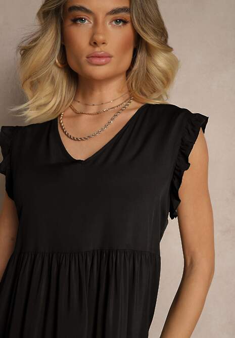 Czarna Sukienka z Bawełny z Falbankami Hirlio