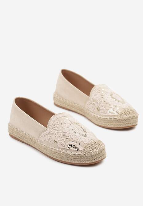 Beżowe Espadryle Ozdobione Haftem i Cekinami na Podeszwie z Plecionki Merindoria