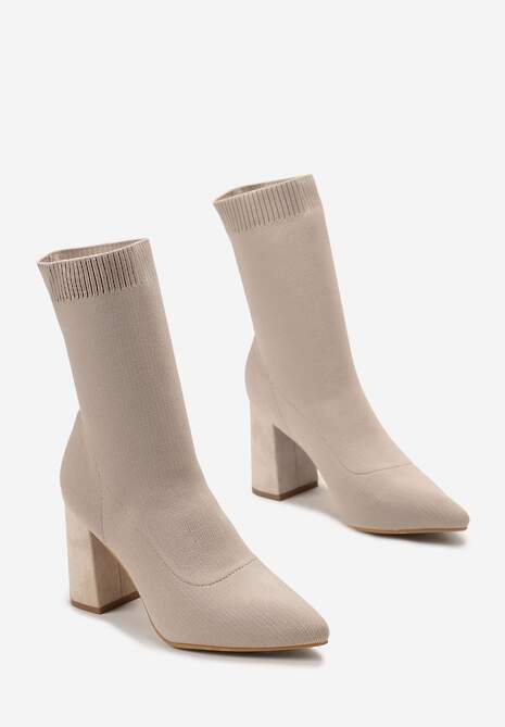 Beżowe Botki z Imitacji Skóry na Słupku z Cholewką w Skarpetkowym Stylu Tukarda
