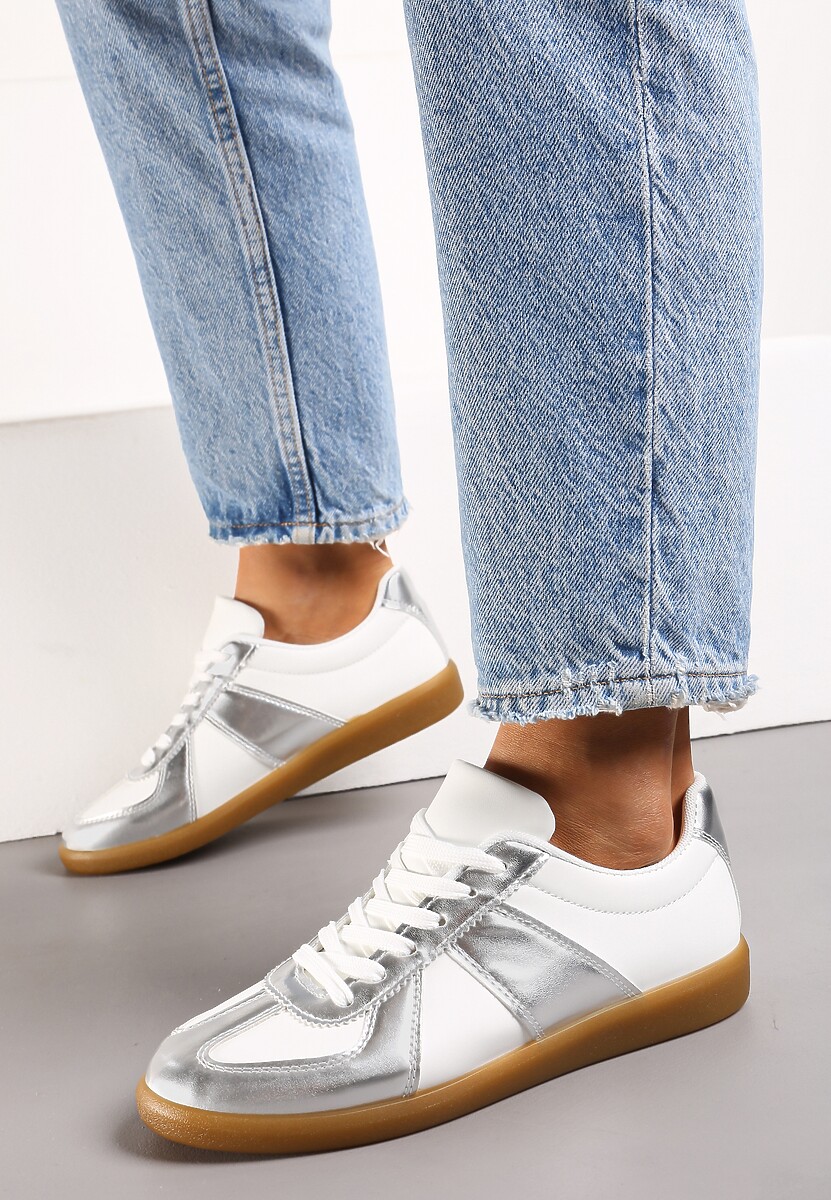 Srebrno-Białe Sneakersy Tenisówki z Ozdobnymi Przeszyciami Sumina