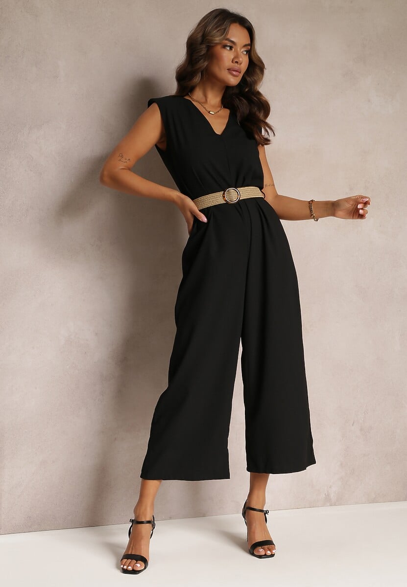 Czarny Długi Kombinezon z Trójkątnym Dekoltem i Ozdobnym Paskiem z Klamrą Malkah