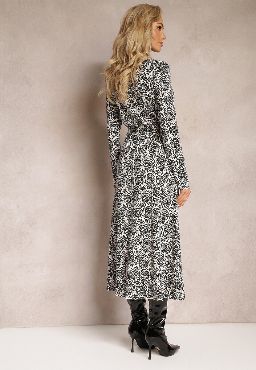 Czarna Koszulowa Sukienka w Ornamentalny Wzór Wiązana w Pasie Hanname