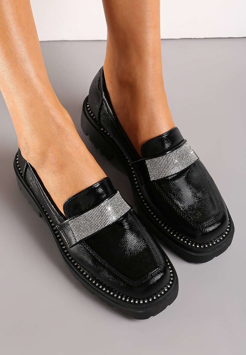 Czarne Mokasyny z Paskiem w Cyrkonie i Wkładką ze Skóry Naturalnej Gandes