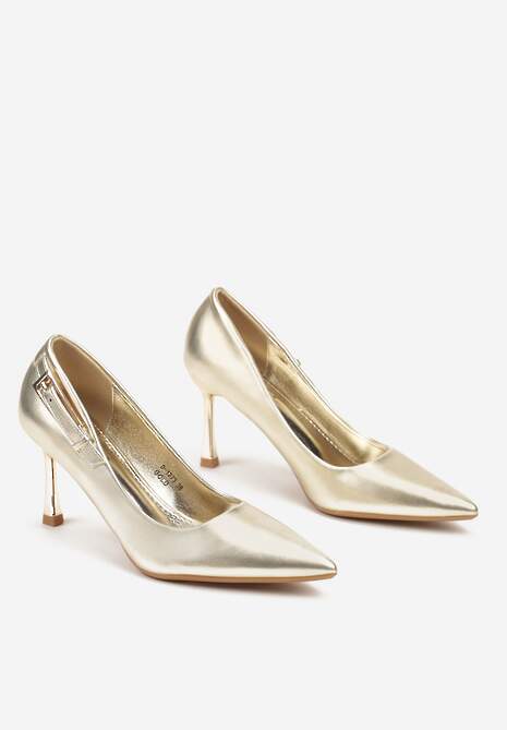 Złote Czółenka na Szpilce Wykończone Ozdobną Klamrą Neviauna