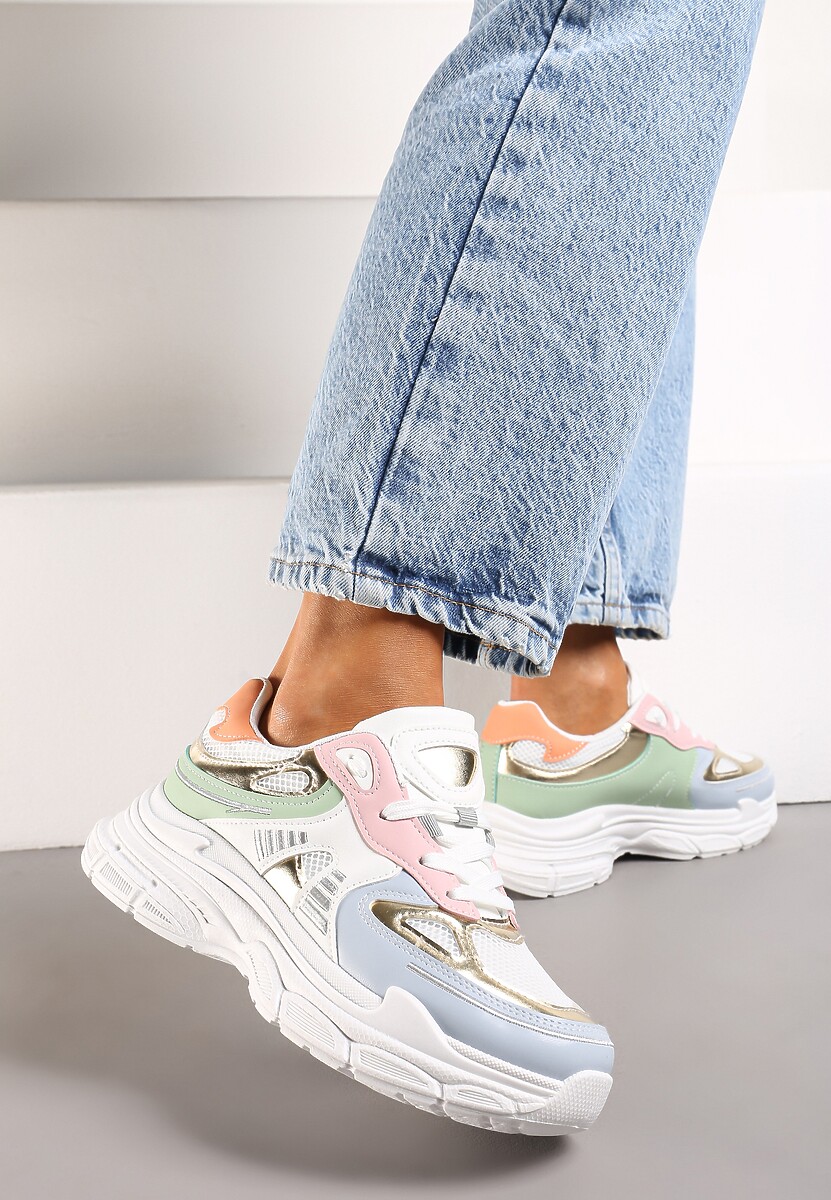 Biało-Niebieskie Sneakersy z Siateczkowymi i Metalicznymi Wstawkami Telarisa