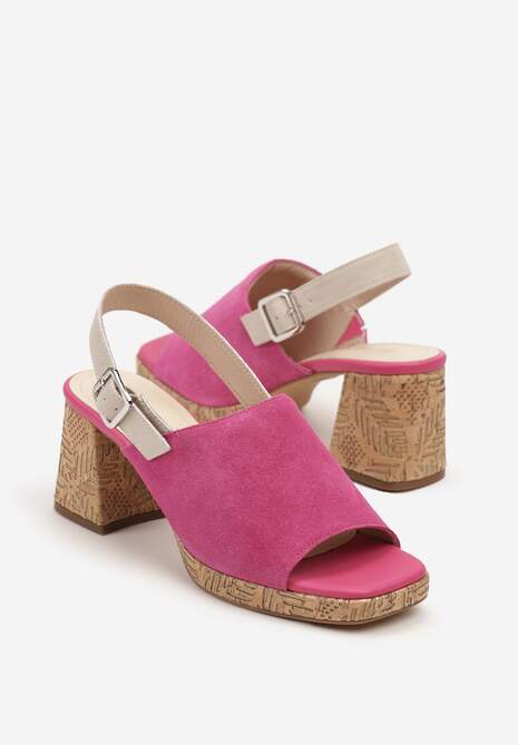 Fuksjowe Sandały na Słupkowym Obcasie z Naturalnej Skóry i Zamszu Linomira