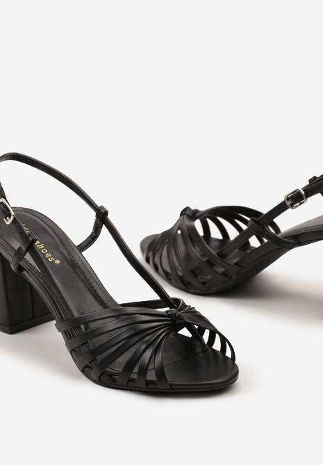 Czarne Casualowe Sandały z Ekoskóry na Słupku z Cienkimi Paskami i Sprzączką Marilana