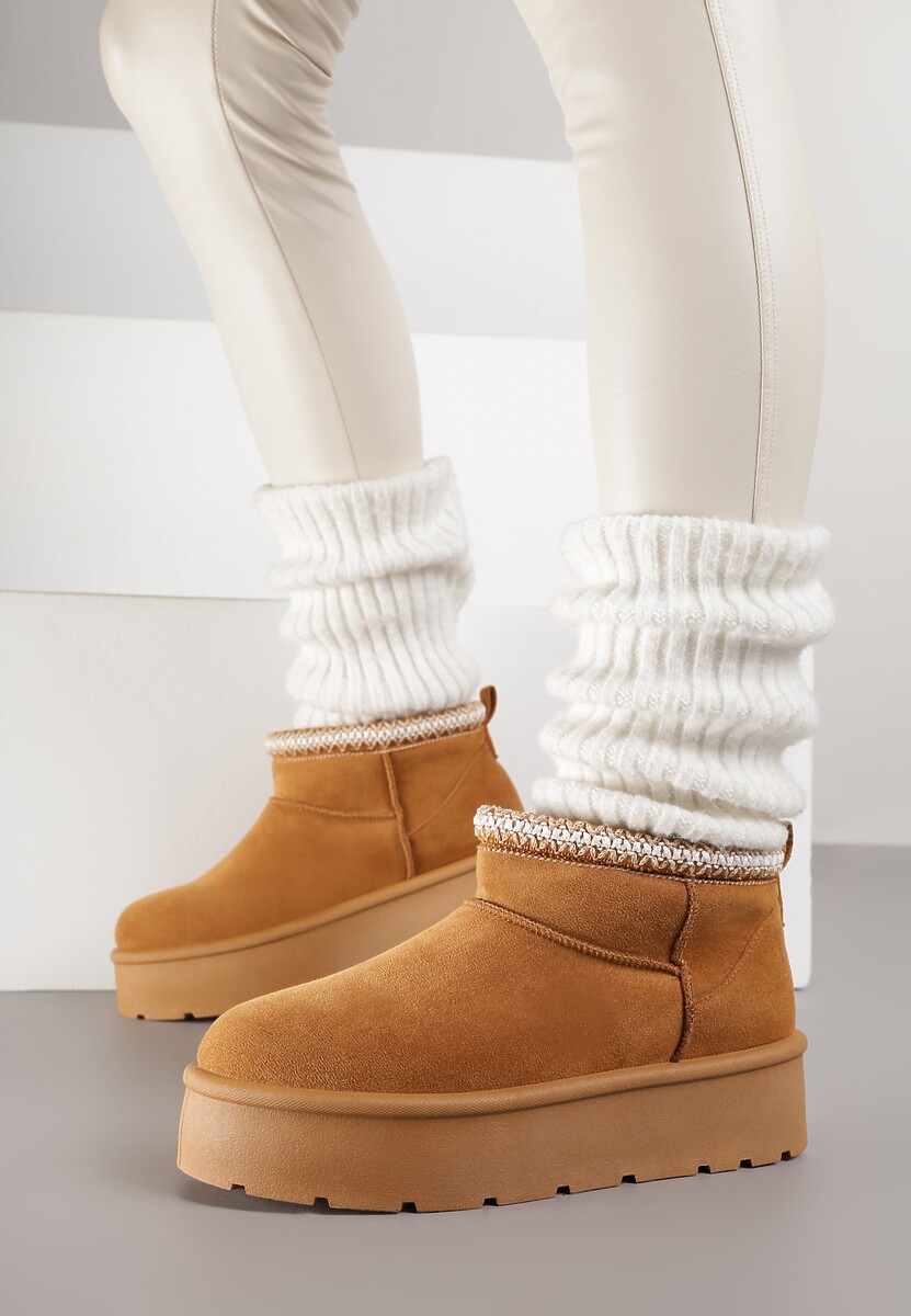 Brązowe Śniegowce na Platformie z Haftem przy Cholewce Sewnera