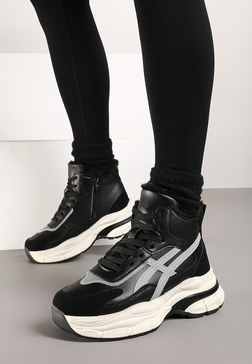 Czarne Sneakersy za Kostkę na Grubej Podeszwie Luntris