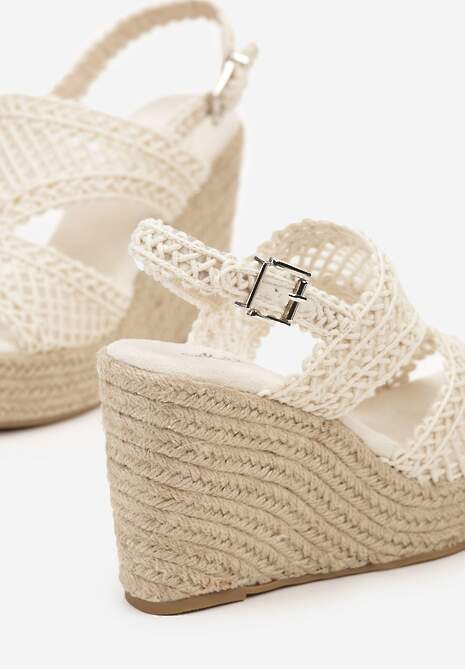 Beżowe Ażurowe Sandały na Plecionym Koturnie Rivanique