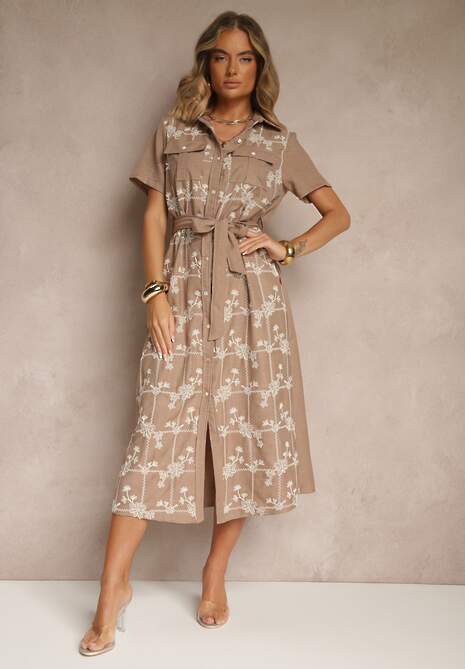 Ciemnobeżowa Koszulowa Sukienka z Wiązanym Paskiem Zdobiona Haftem Malinnessa