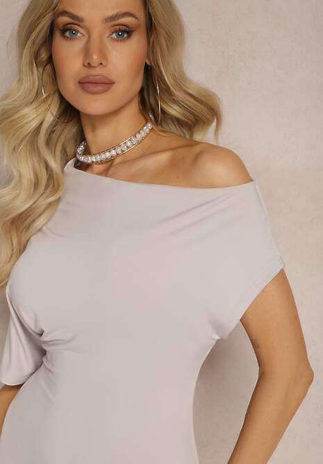 Jasnoszara Dopasowana Sukienka Midi o Asymetrycznym Kroju Lirevasse