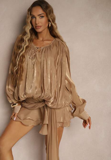 Brązowa Bufiasta Sukienka Zdobiona Trenem i Wiązaniem z Falbanami Lunoriela