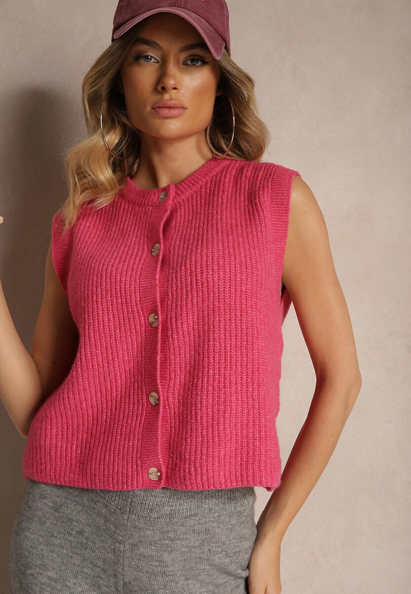 Zielona Sweterkowa Kamizelka z Domieszką Wełny i Zapięciem na Guziki Savanira