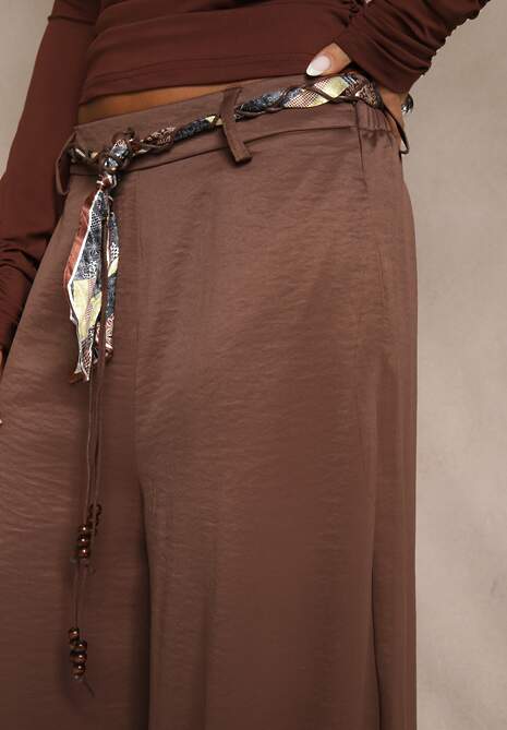 Brązowe Szerokie Spodnie z Paskiem w Stylu Wstążki Tussema