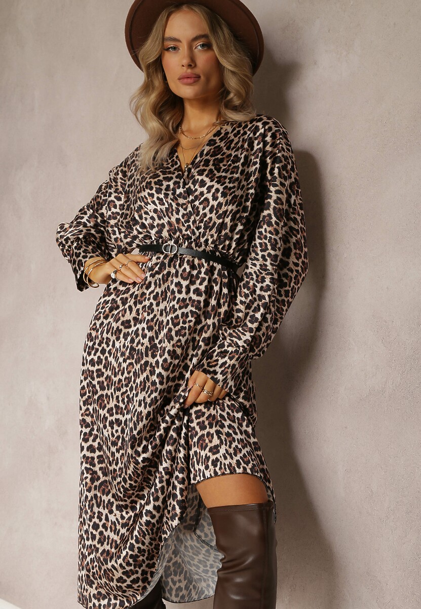 Beżowo-Brązowa Sukienka w Panterkę z Kopertowym Dekoltem Balme