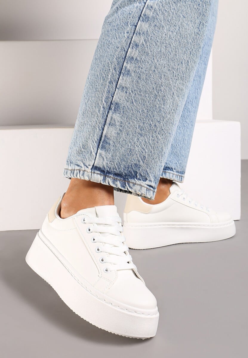 Biało-Beżowe Basicowe Sneakersy na Platformie Tiaeliana